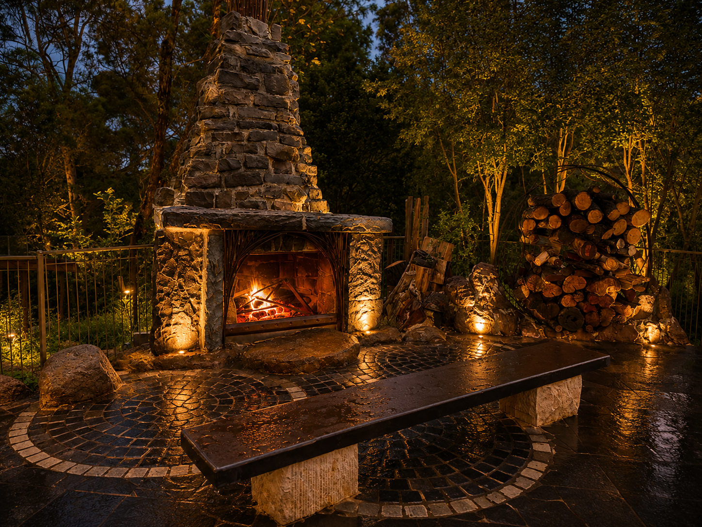 Stone Fireplace & Mosaic Terrace